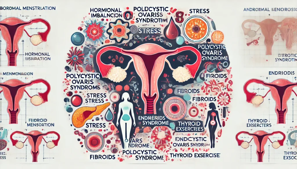 "Artistic medical visualization highlighting the potential causes of abnormal menstruation. The image is segmented to represent hormonal imbalances, stress, polycystic ovary syndrome (PCOS), endometriosis, fibroids, thyroid disorders, and excessive exercise. Includes anatomical illustrations, abstract hormone representations, and female silhouettes."