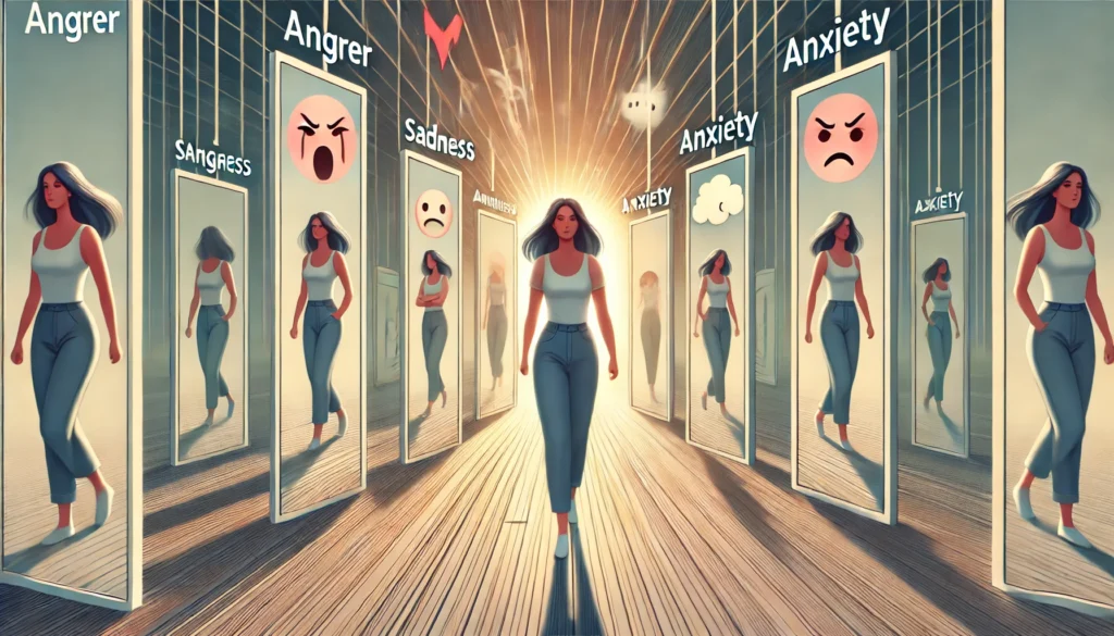 A metaphorical illustration of a woman walking through a maze of mirrors, each reflecting different emotions like anger, sadness, anxiety, and relief. The shifting lighting, with bright and shadowed areas, symbolizes the unpredictability of perimenopause mood swings.