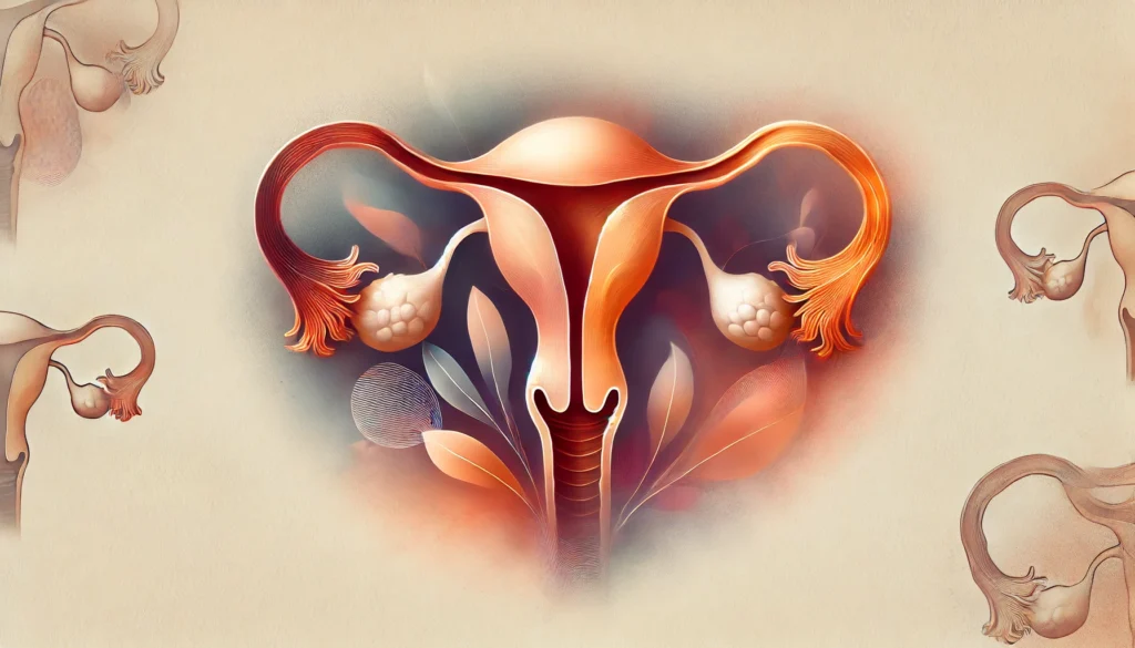  An artistic representation of the female reproductive system in soft, warm colors. The illustration subtly depicts ovarian changes during perimenopause, symbolizing hormonal shifts, fertility transitions, and reproductive health awareness.