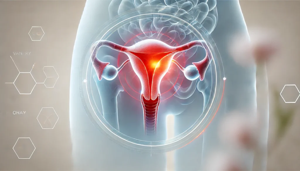 A medical-style illustration of a woman’s lower torso, focusing on a highlighted ovary with a red, glowing effect to indicate inflammation and pain. The background is soft and neutral, creating a clinical and informative atmosphere.