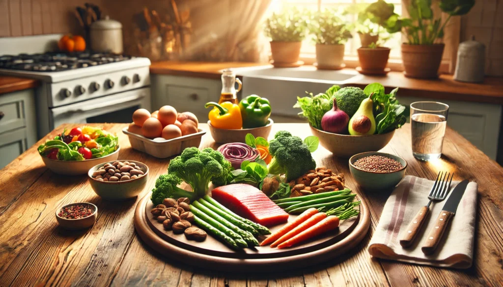 A nutritious and colorful meal on a wooden kitchen table, showcasing fresh vegetables, lean proteins, and healthy fats in an inviting setting with natural lighting, symbolizing balanced nutrition for women over 50.