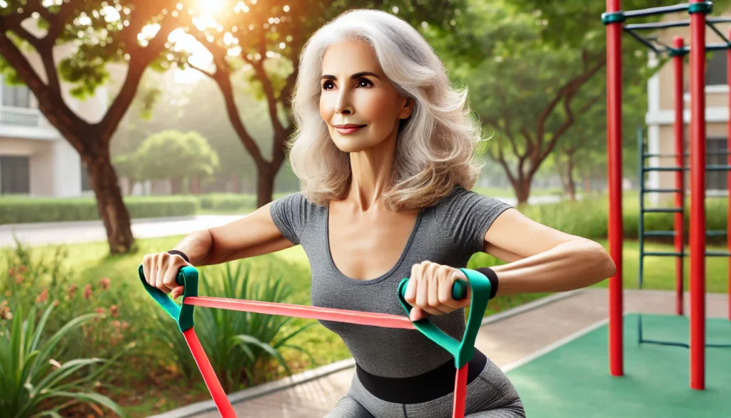 A senior woman in her 60s performing strength training with resistance bands in a sunny outdoor park. She is dressed in comfortable workout attire, symbolizing active aging, mobility, and longevity.