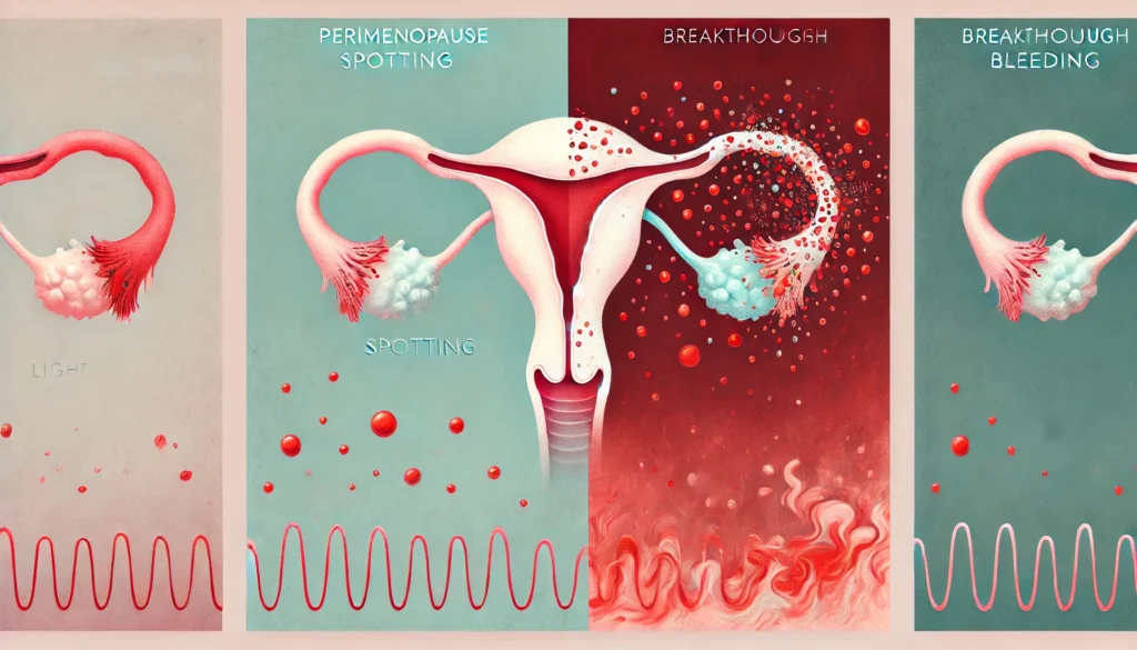 "Conceptual medical illustration depicting the transition from normal perimenopause spotting to breakthrough bleeding. A pastel-colored uterus with small red specks on the left side contrasts with a deep red-toned uterus with irregular, intense splashes on the right, visually representing the change in bleeding patterns."
