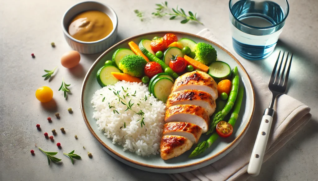 A high-protein meal with grilled chicken, rice, and vegetables on a clean plate. The dish looks appetizing and well-balanced, representing a muscle-building diet. The background is softly blurred, highlighting the vibrant colors and textures of the food.