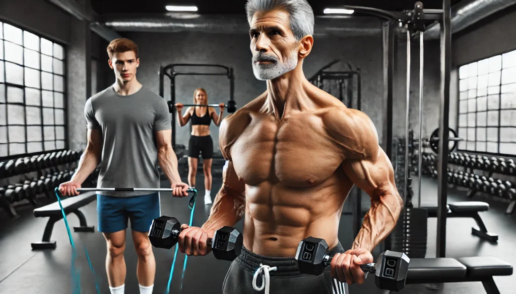 A middle-aged man lifting heavy dumbbells with a younger man using resistance bands in the background, highlighting the importance of strength training at various life stages.