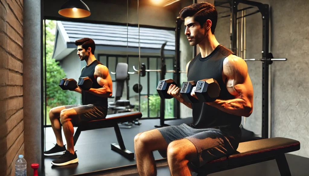 A fit man doing dumbbell shoulder presses in a well-lit home gym with a workout bench and mirror, highlighting upper body strength and correct posture.