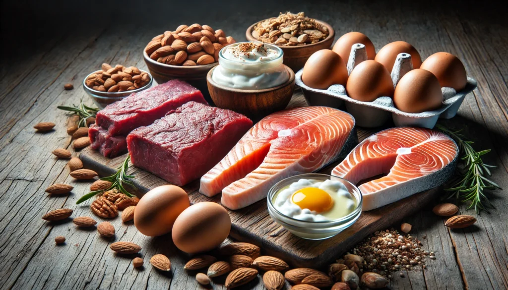  A visually striking image displaying various protein sources for muscle growth, including salmon, lean beef, eggs, Greek yogurt, and a mix of nuts, arranged on a rustic wooden surface.