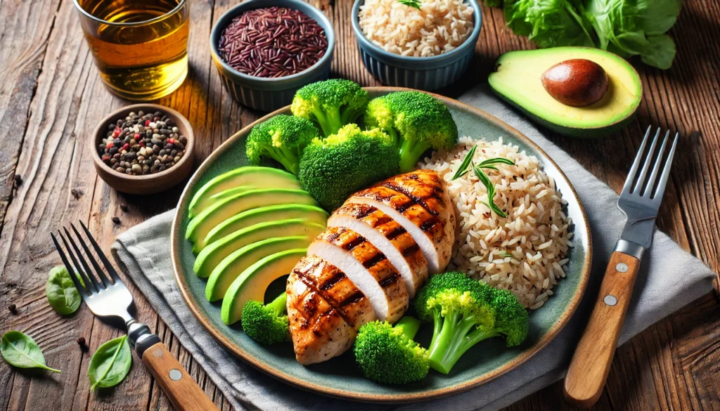 A well-balanced, high-protein meal of grilled chicken, steamed broccoli, brown rice, and avocado, emphasizing nutrition for muscle building."