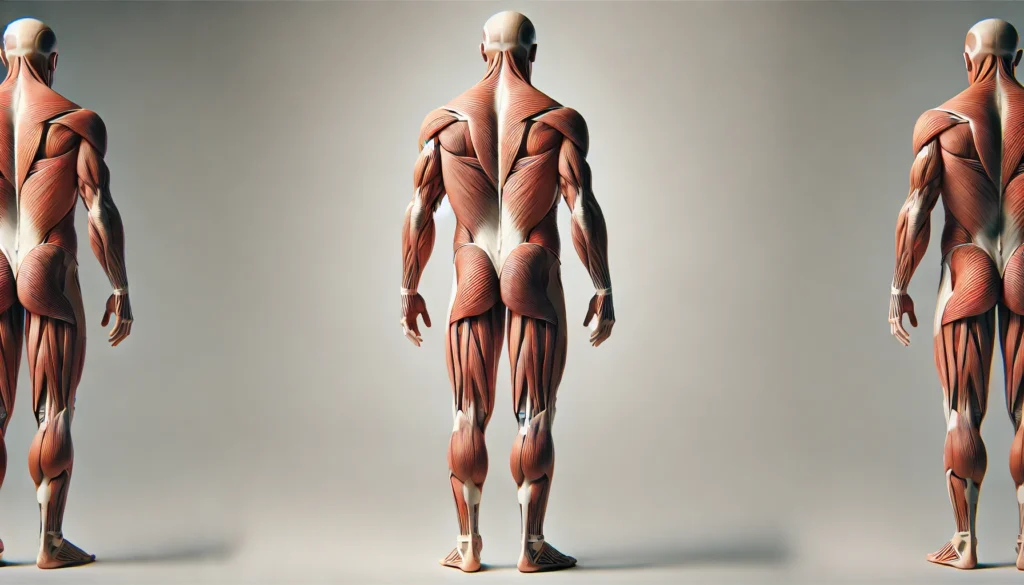 A precise anatomical diagram displaying the male muscular system from the back. The illustration highlights the muscles of the shoulders, back, and legs with realistic texture, perfect for anatomical studies.