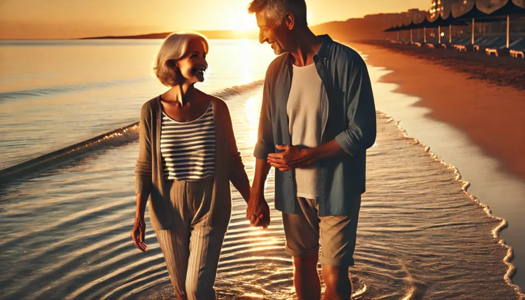 A mature couple in their 50s or 60s walks hand in hand along a peaceful beach at sunset. The golden light reflects on the water as they share a quiet, intimate moment. Their gentle smiles and close body language symbolize deep emotional connection, love, and lifelong intimacy.