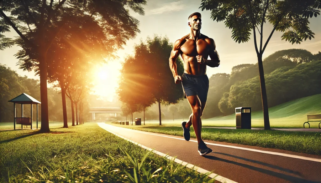 A fit and muscular middle-aged man jogging in a scenic park at sunrise. His toned physique reflects dedication to fitness, while the lush greenery and golden sunlight symbolize energy and vitality after 40.