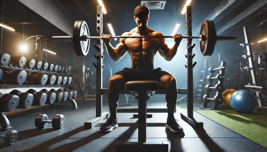 A muscular man executing an intense bench press in a professional gym, highlighting chest and upper body strength. The gym is equipped with barbells, dumbbells, and weight racks, with lighting that enhances muscle definition.