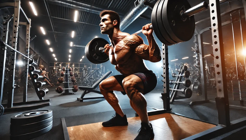 A powerful scene of a muscular athlete performing an intense barbell squat in a well-equipped gym. His determined expression and engaged muscles highlight lower body strength and muscle growth.