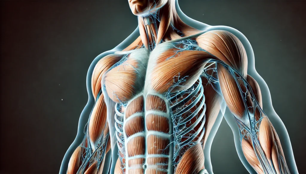 A digital illustration of a muscular human figure with transparent skin, showcasing internal muscle structure and lean body mass distribution with glowing anatomical highlights.