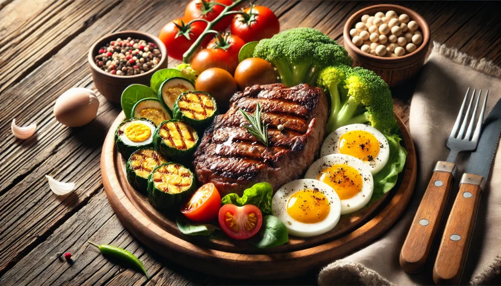 A close-up shot of a grilled steak with vegetables and eggs on a wooden plate, showcasing nutrient-rich, high-protein foods crucial for muscle development. The vibrant colors and textures highlight the importance of nutrition in bodybuilding.