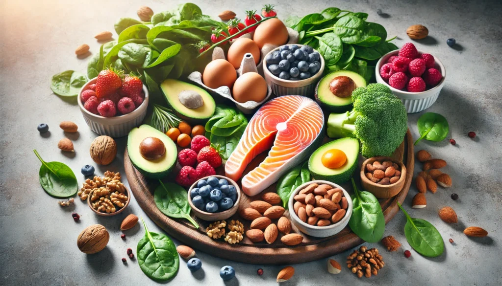 A colorful assortment of nutrient-dense foods, including salmon, eggs, spinach, avocados, nuts, and berries, arranged on a wooden cutting board to highlight a diet for muscle growth and fat loss.