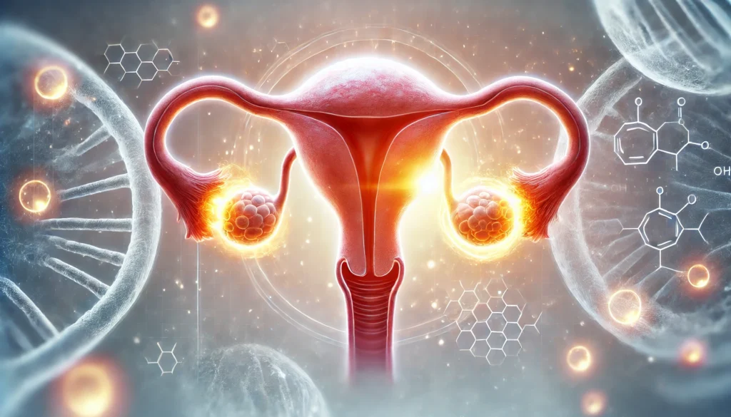 A conceptual medical illustration of a female reproductive system, depicting an aging uterus and ovaries with diminishing egg reserves. A glowing effect highlights the possibility of late-life conception, set against a scientific, educational background.