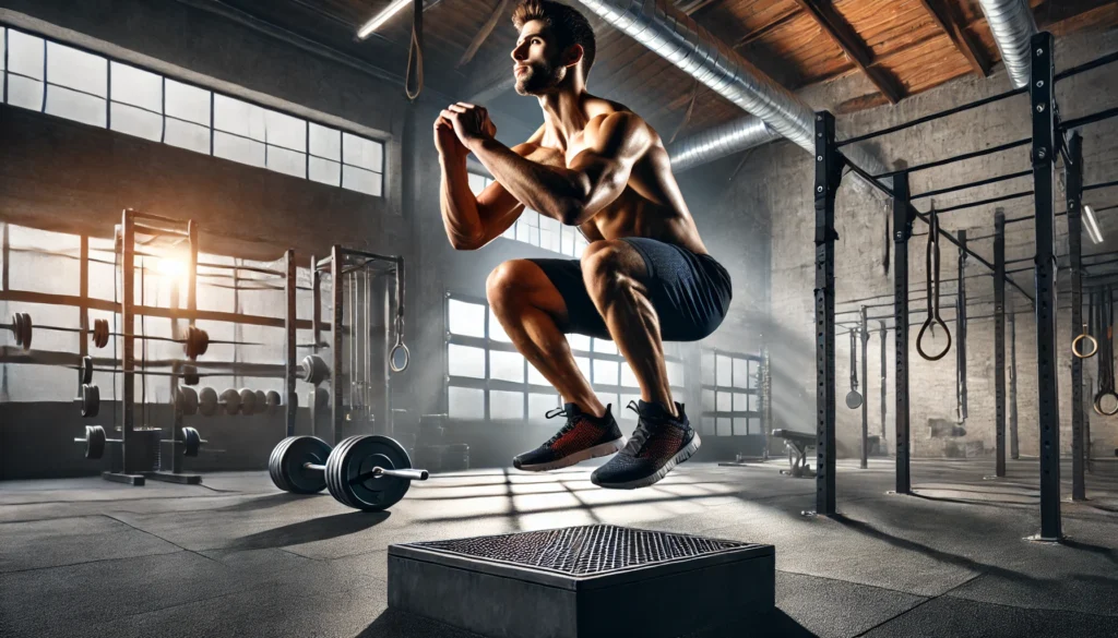 A fit, athletic man executing a powerful jump squat in an industrial-style gym, highlighting lower body strength and endurance.