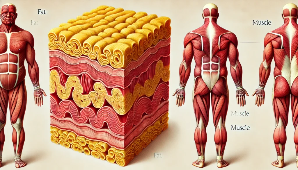 An anatomical illustration comparing fat and muscle at a tissue level, with soft yellow body fat on the left and dense red muscle fibers on the right.