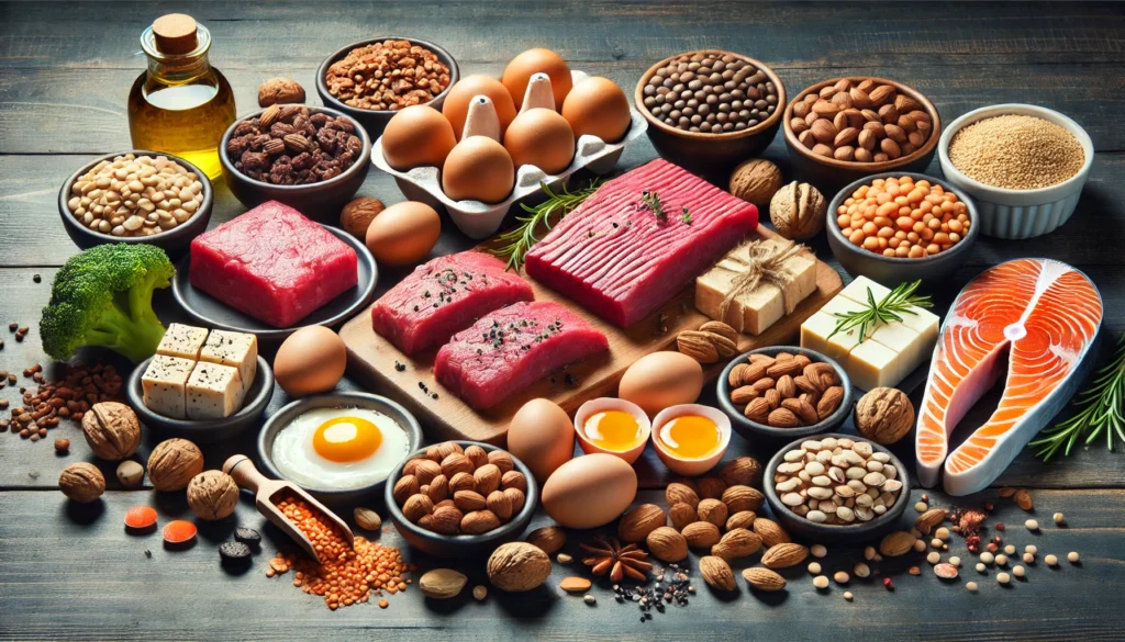 A variety of protein-rich foods, including eggs, lean beef, salmon, tofu, nuts, and lentils, arranged on a dark wooden surface. The display emphasizes a balanced diet for strength and muscle-building.