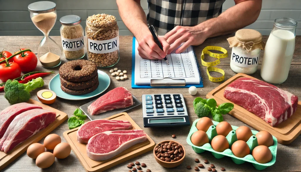 A scientific approach to protein intake for muscle building, showing a nutritionist calculating protein requirements with a notepad, next to protein-rich foods like meat, fish, eggs, and dairy on a kitchen counter. The setting suggests a research-backed approach to fitness and diet.