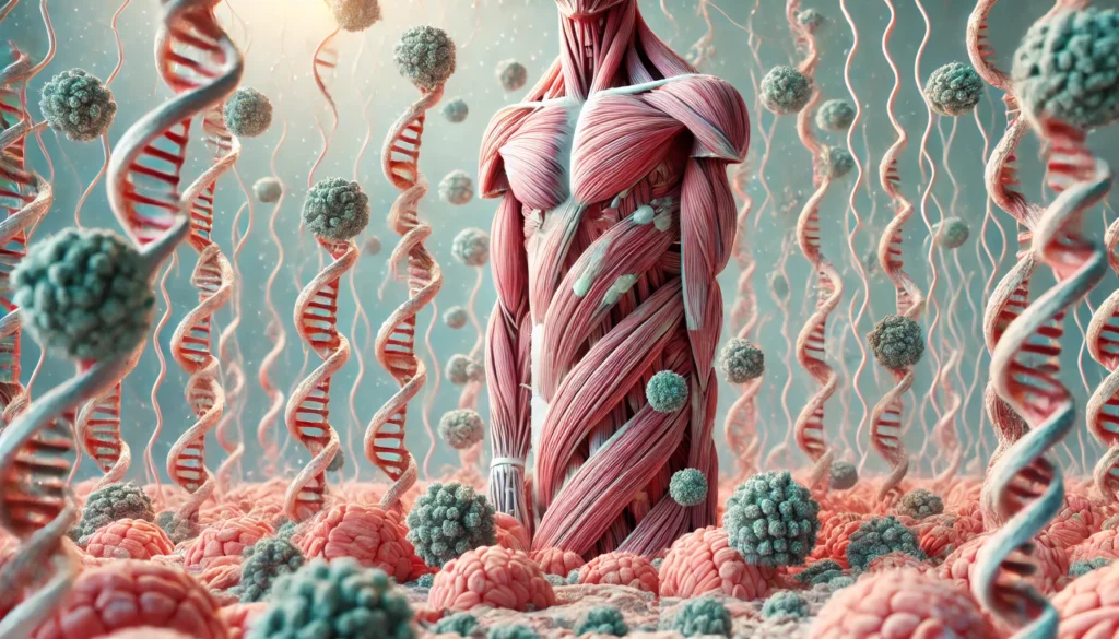 A scientific depiction of muscle atrophy at the microscopic level, showing shrinking muscle fibers due to inactivity and lack of protein intake. The image illustrates the biological process of muscle loss.