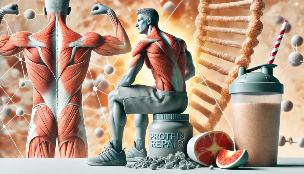 A detailed depiction of muscle recovery and growth, showing a muscular athlete resting after an intense workout with protein-rich food and a recovery shake nearby. The background subtly represents muscle repair at a microscopic level.