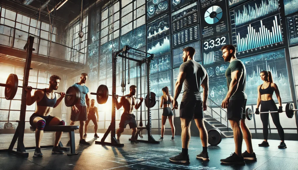 A group of professional bodybuilders and fitness experts engaged in intense strength training at a high-end gym. The setting includes cutting-edge equipment and digital performance analytics screens, emphasizing data-driven fitness strategies."