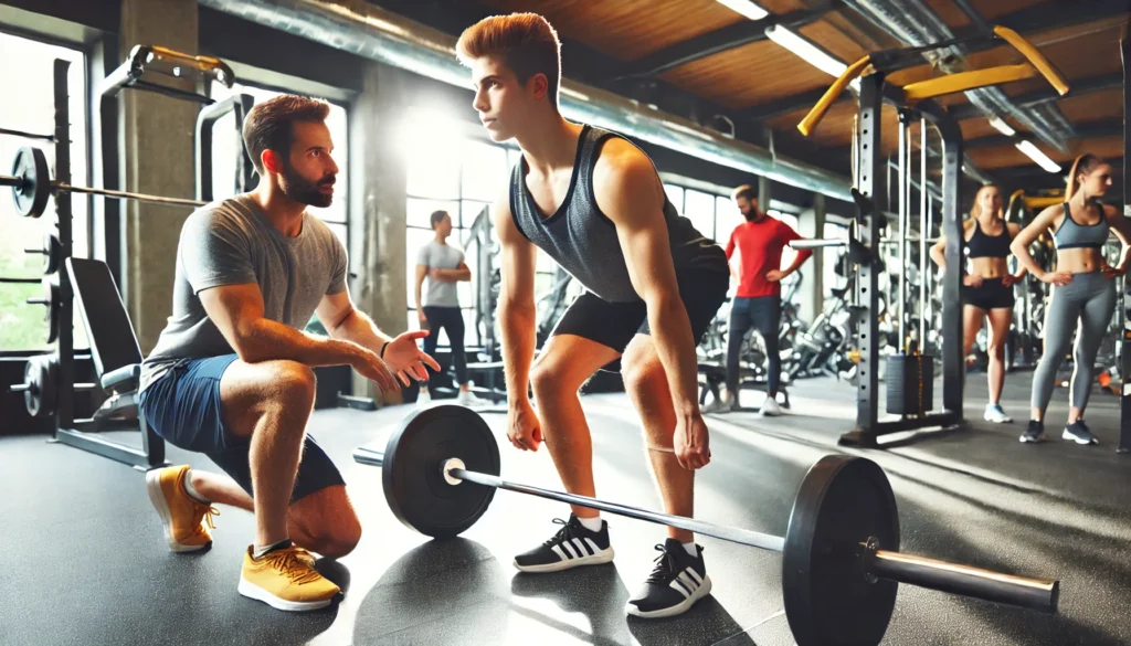 A beginner performing a deadlift with a barbell under the supervision of a personal trainer in a modern gym. The scene emphasizes correct posture and technique, with other gym-goers exercising in the background.