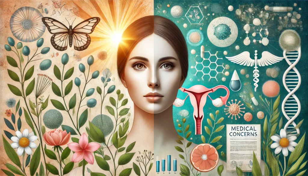  A split-image representation of the benefits and risks of hormone therapy for premenopausal women. One side showcases a radiant woman surrounded by natural elements, while the other side presents abstract medical imagery, symbolizing potential concerns.

