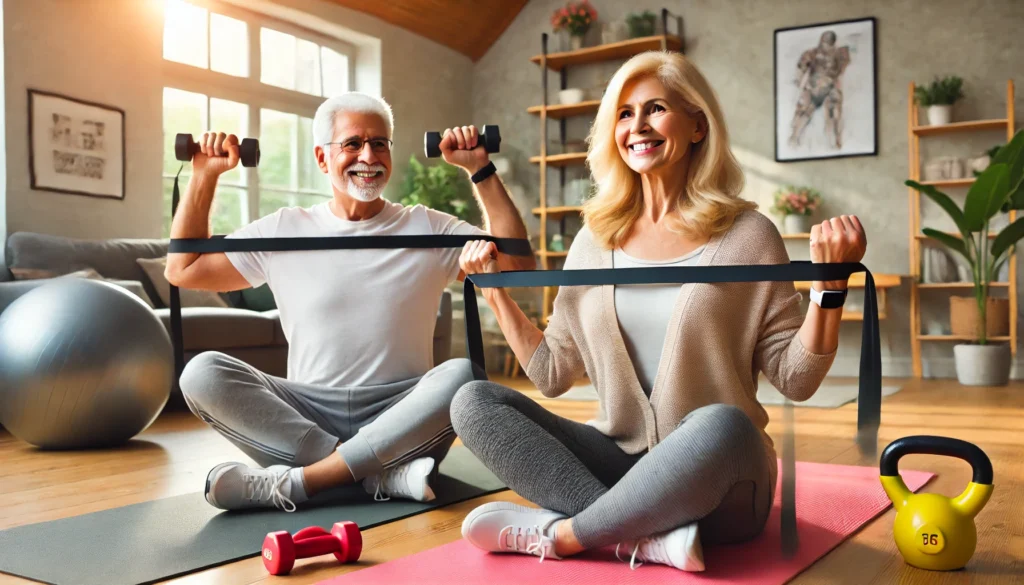 An active senior couple in a home gym using resistance bands for seated shoulder presses. The room is equipped with yoga mats, dumbbells, and an exercise ball, illustrating a safe and effective approach to strength training for osteoporosis.