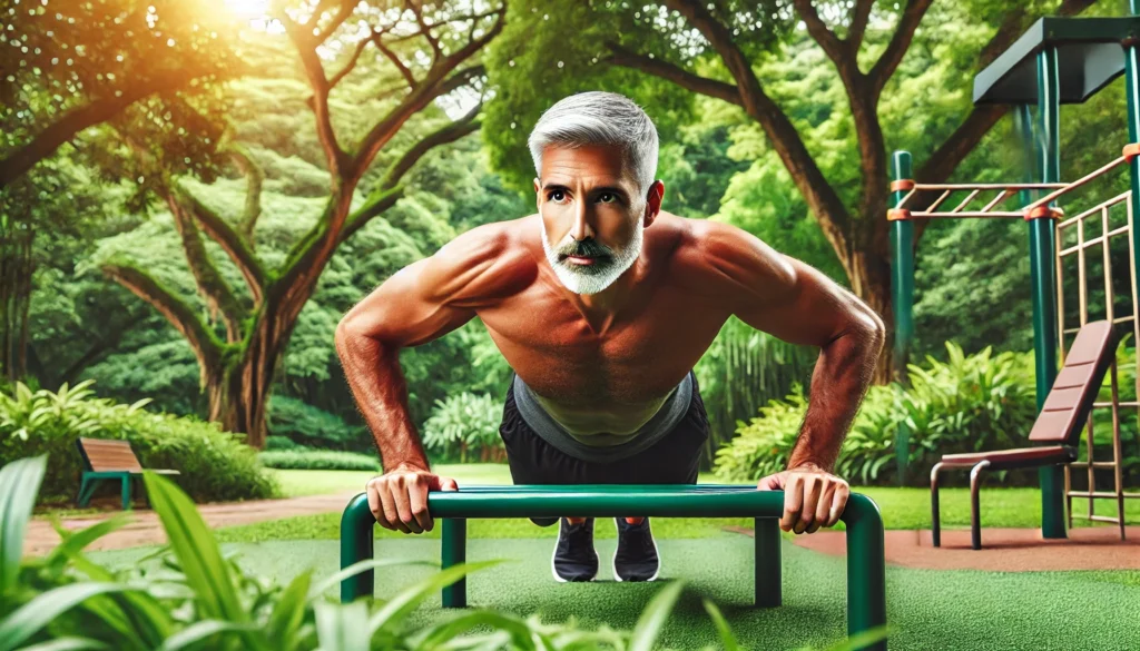 A muscular middle-aged man doing push-ups on an outdoor workout station, surrounded by lush greenery, representing strength training, fitness, and healthy aging for men over 40.