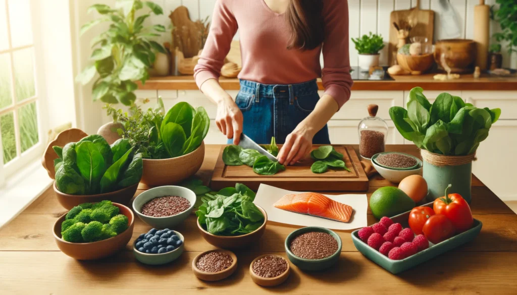 A vibrant kitchen scene where a woman prepares a nutrient-rich meal with fresh ingredients like leafy greens, salmon, flaxseeds, and berries, emphasizing a diet-based approach to menopause management.