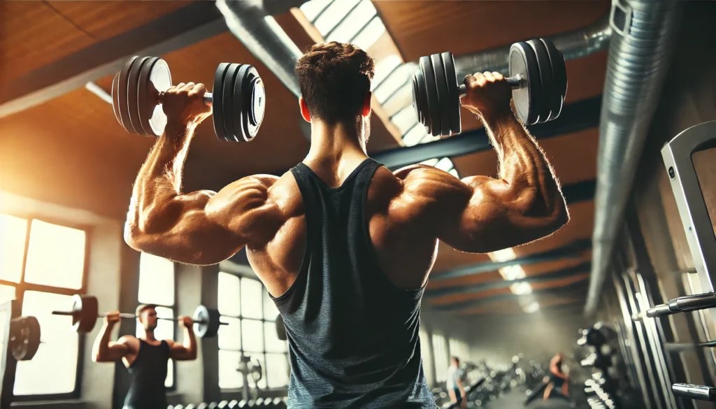 A man lying on a bench, lifting dumbbells with visible upper body strain. The scene could be set in a home gym, highlighting that strength-building exercises can be done in a personal space.