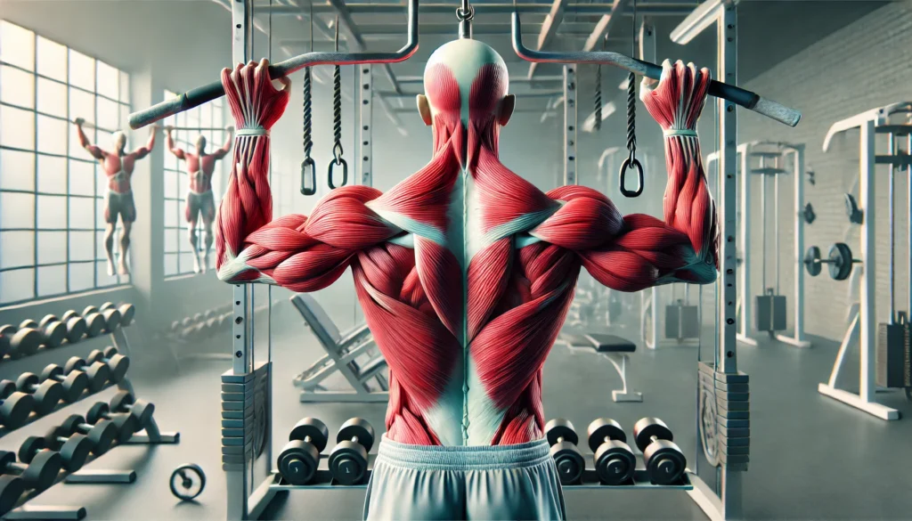 A high-quality 3D anatomical illustration highlighting back and biceps muscle engagement in exercises such as pull-ups and barbell rows, with a gym background."