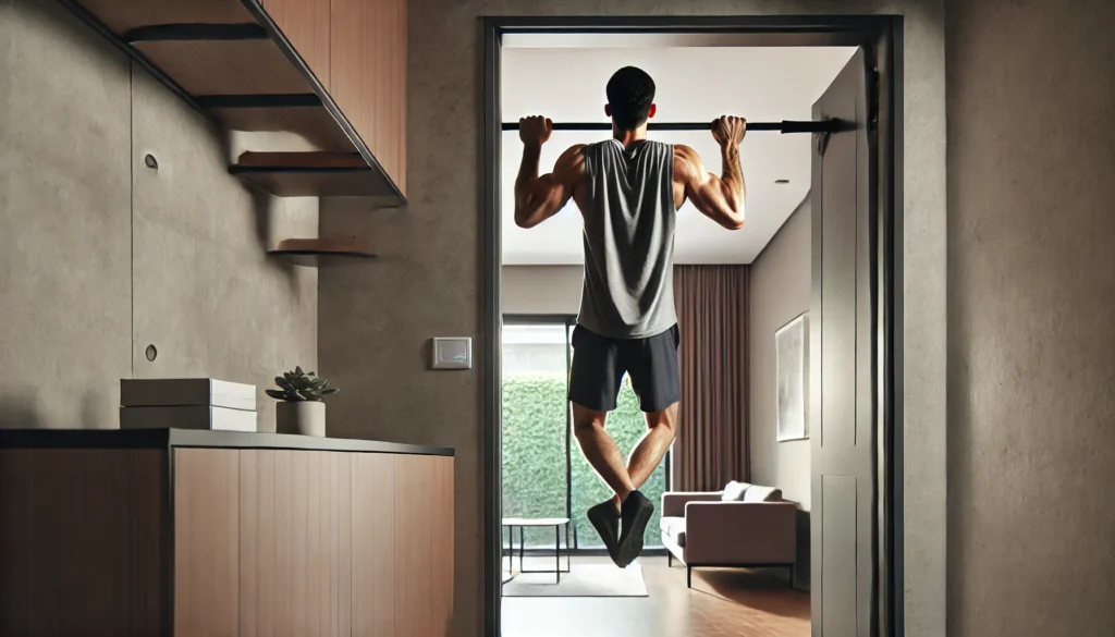 A strong, athletic man executing a wide-grip pull-up on a doorway pull-up bar in a modern home setting.