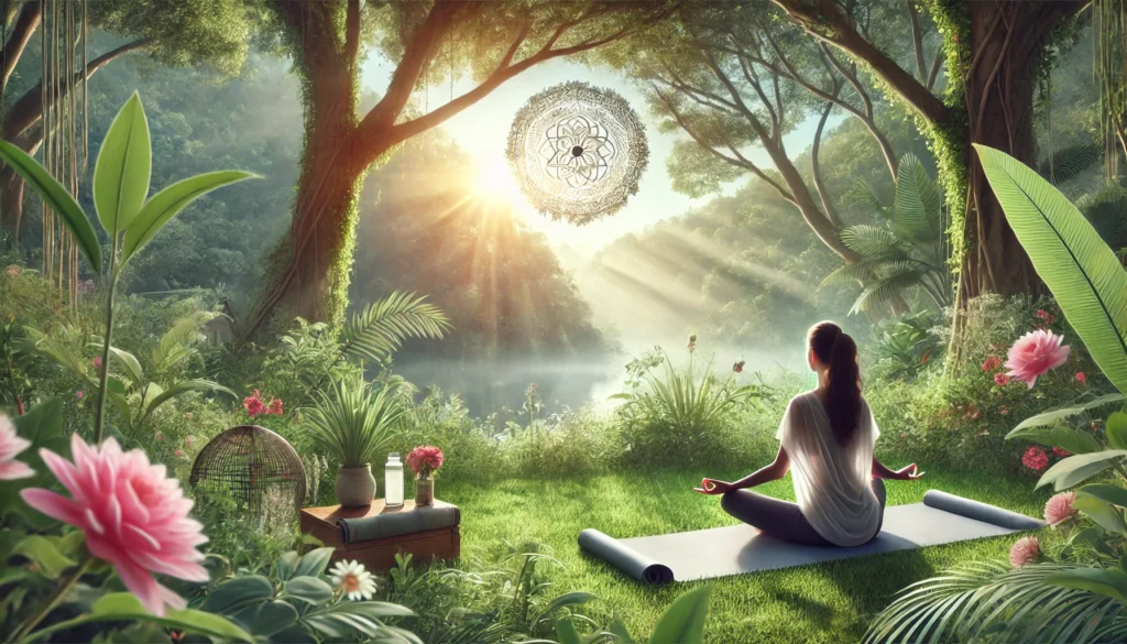  A serene woman practicing yoga in a lush forest setting, surrounded by soft sunlight filtering through trees. The peaceful environment symbolizes natural remedies for hot flashes, emphasizing relaxation and mindfulness as key elements for relief.