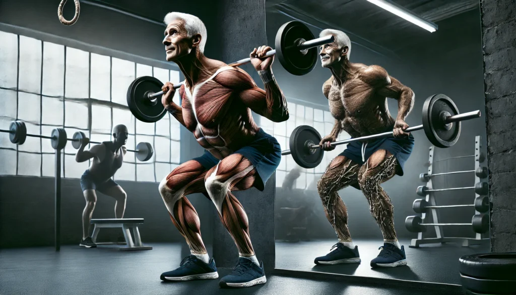 A powerful gym scene showing an elderly man struggling with weights due to muscle atrophy, while a younger version of himself easily performs the same exercise, highlighting the effects of aging and muscle loss.