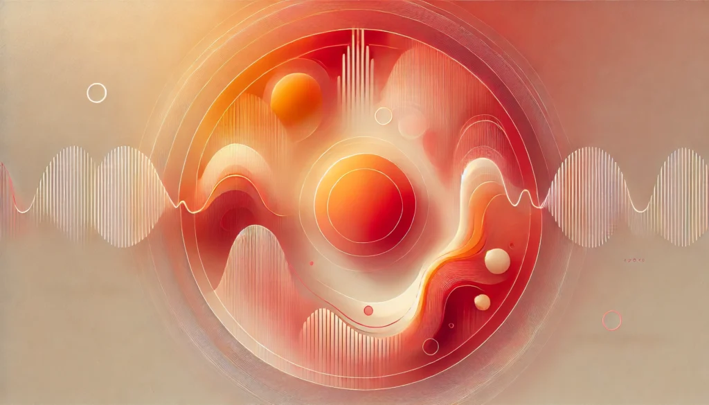  An abstract artistic visualization of perimenopausal hormonal fluctuations, with warm reds and oranges blending into cooler shades, illustrating the transition phase with a circular ripple effect symbolizing unpredictable bleeding patterns.