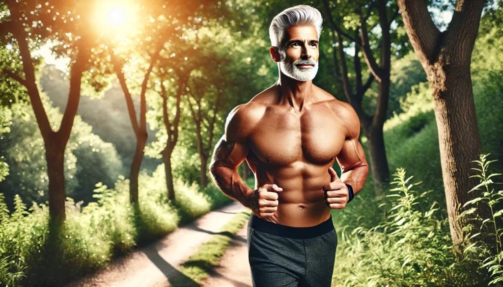 A fit older man in his 50s or 60s jogging on a scenic outdoor trail surrounded by lush greenery, wearing a sporty outfit, embodying an active lifestyle with health and vitality.