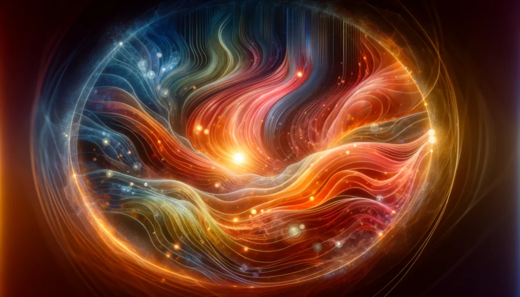  Abstract glowing waves in warm, soothing colors represent equilibrium, inner harmony, and biological adaptation after menopause.