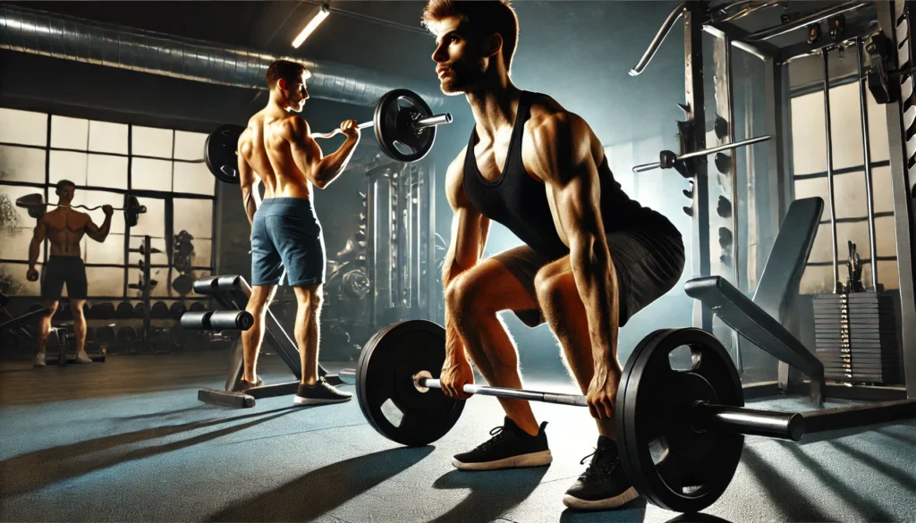 A gym scene capturing a man performing barbell deadlifts, demonstrating full-body strength training, while another man in the background uses a machine for bicep curls, illustrating weight training. The lighting and composition highlight the difference between dynamic compound movements and isolated muscle exercises.