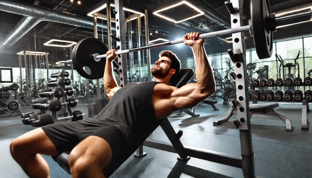 A muscular man performing an intense bench press in a modern gym. His determination is visible as he lifts a heavy barbell, with dumbbell racks and fitness machines in the background.