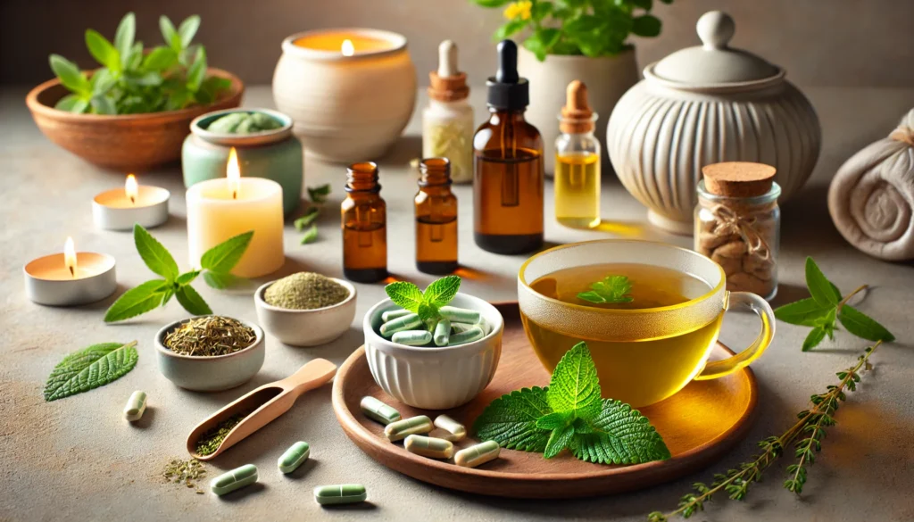 A wellness-themed composition of natural stress-relief supplements, including essential oils, herbal capsules, fresh lemon balm leaves, and a steaming cup of green tea, illuminated by soft candlelight.