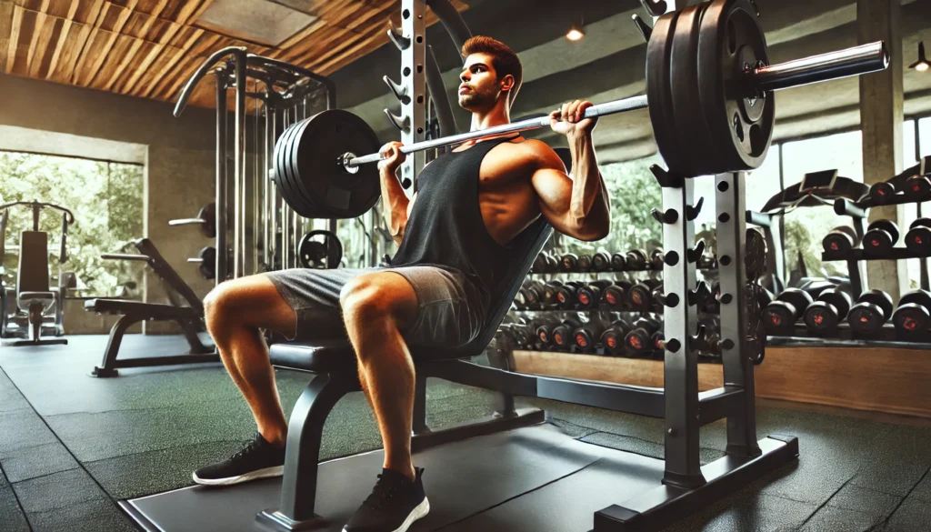 A strong man performing a bench press in a modern gym, lifting heavy weights with intense concentration and muscle engagement.