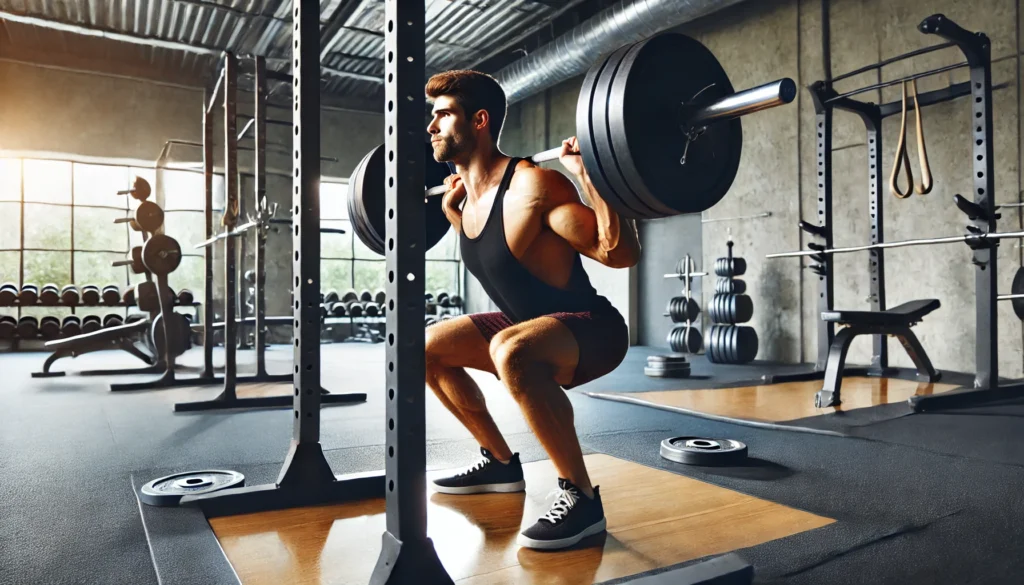 A fit and muscular man performing squats with a heavy barbell in a well-equipped gym, highlighting leg strength and proper form.