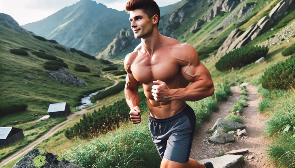 A muscular man enjoying an outdoor adventure, such as hiking in the mountains or running along a scenic trail. His athletic build is visible, and the natural environment enhances the feeling of freedom and strength.