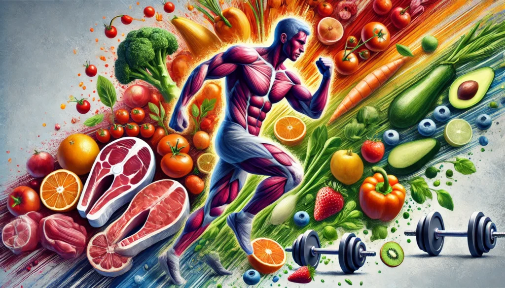 A vibrant depiction of nutritious foods alongside an athletic male figure engaging in physical activity, symbolizing health and well-being.