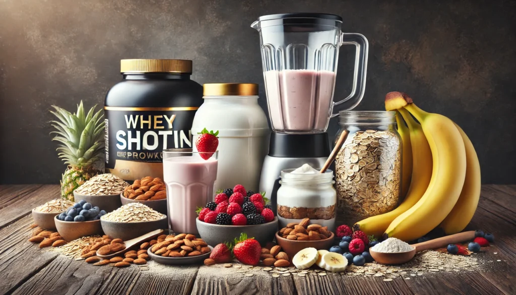 A variety of protein shake ingredients, including whey protein powder, Greek yogurt, almonds, oats, bananas, berries, and a blender, arranged on a wooden table for a nutritious muscle-building meal.