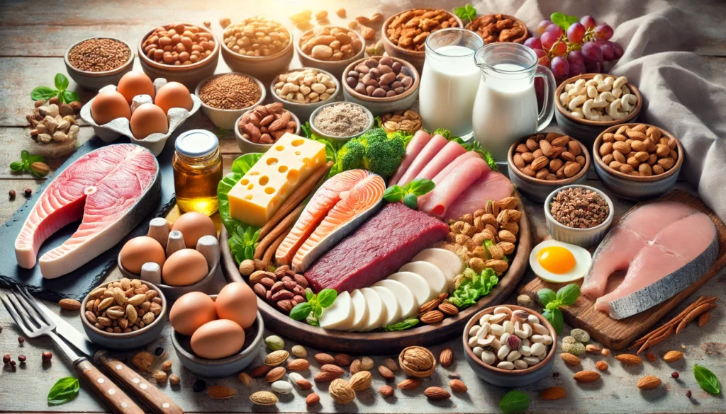 A beautifully arranged platter of protein-rich foods ideal for seniors, including lean meats, fish, eggs, dairy, nuts, and legumes, emphasizing balanced nutrition in a well-lit and inviting setting.